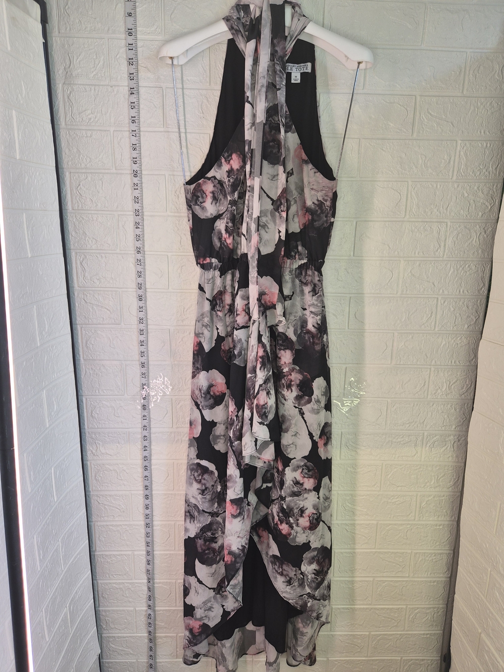 Badgley Mischka Black Floral Halter Maxi with Pink Accents